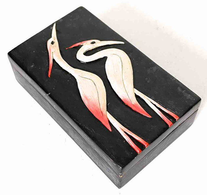 Two Cranes Design Small Black Rectangle Soapstone Trinket Decor Box - view 2