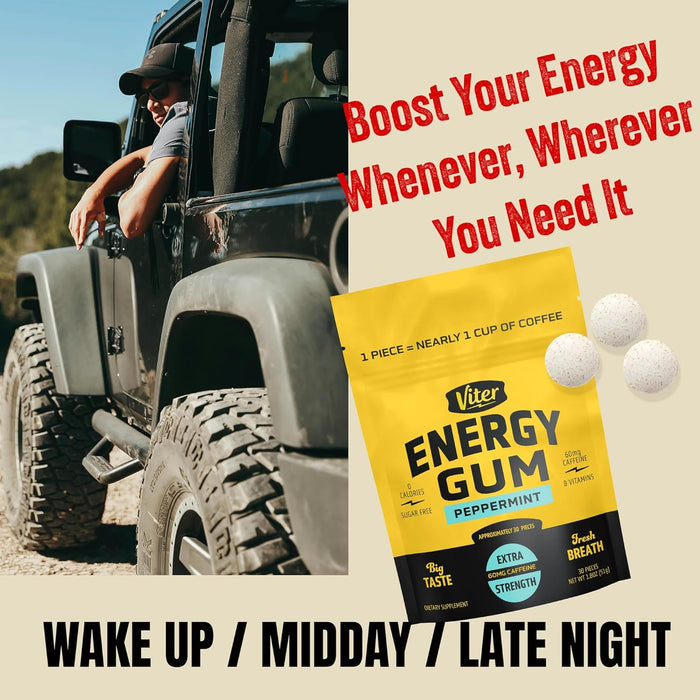 Viter Energy 60mg Caffeine Gum – Portable Focus Supplement for Students and Remote Workers, B-Vitamin Blend