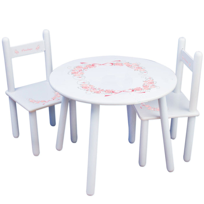 White Table Chair Set - Pink Gray Floral Garland