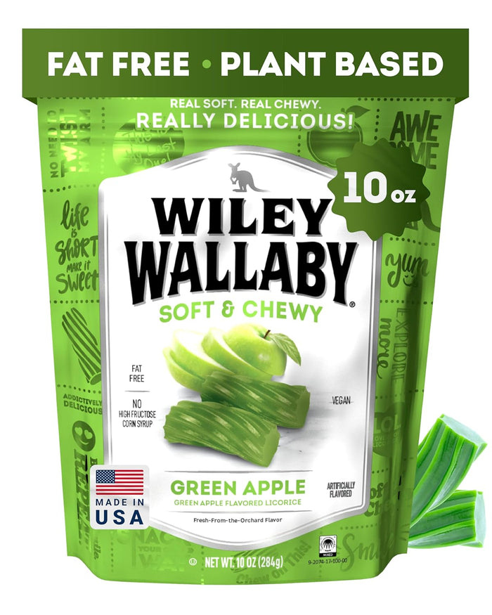 australian-style soft and chewy licorice twists in green apple flavor