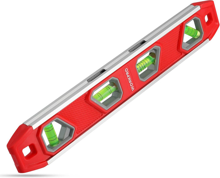 four bubble vials: vertical, horizontal, 45°, and 1/8"-per-foot multi-pitch