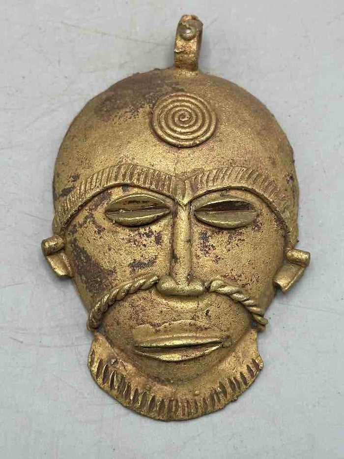 X-Large Heavy African Brass Bearded Mask Pendant - Ghana