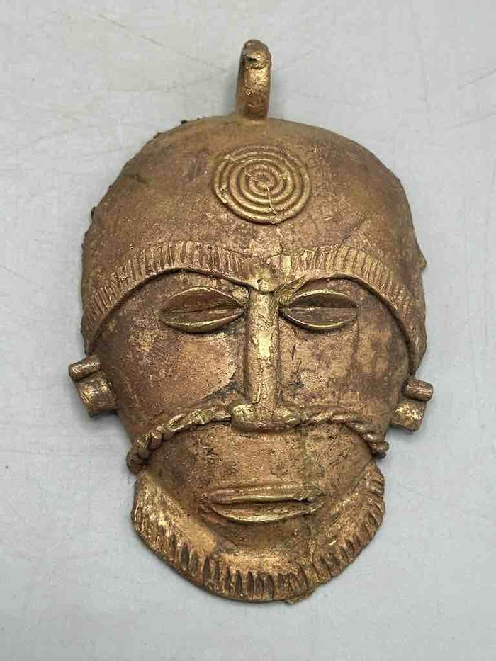X-Large Heavy African Brass Bearded Mask Pendant - Ghana