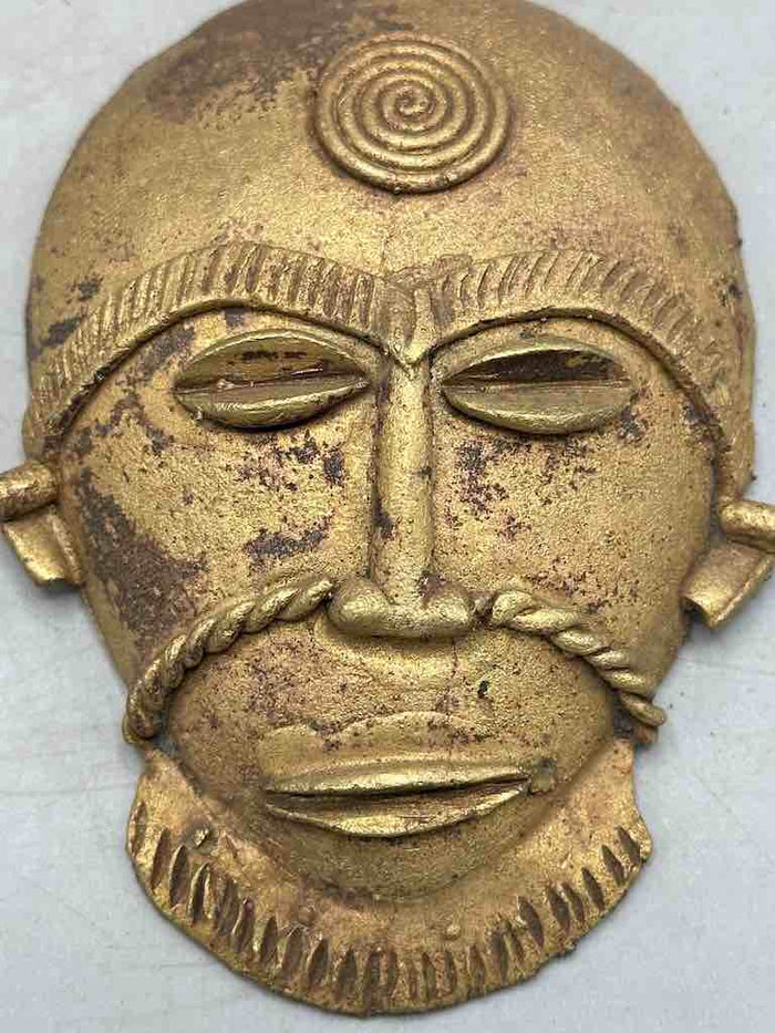X-Large Heavy African Brass Bearded Mask Pendant - Ghana - view 2