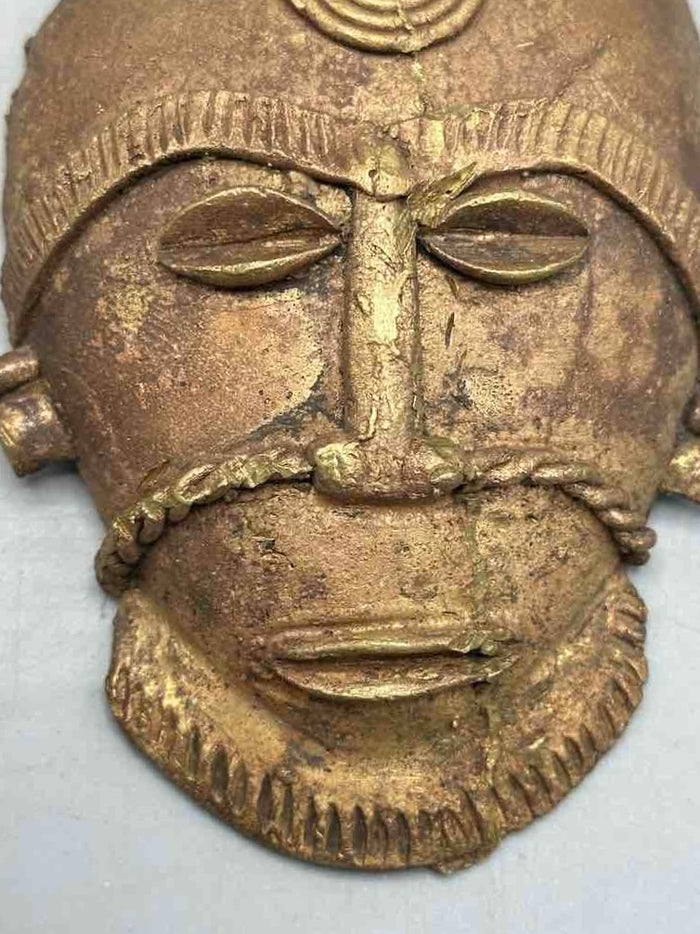 X-Large Heavy African Brass Bearded Mask Pendant - Ghana - view 2