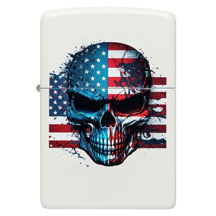 Zippo Lighter: American Flag with Skull - White Matte 46395