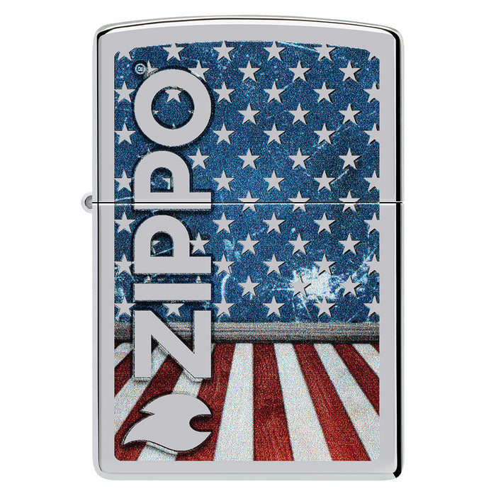 Zippo Lighter: American Flag with Zippo Logo - High Polish Chrome 47012