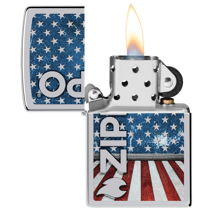Zippo Lighter: American Flag with Zippo Logo - High Polish Chrome 47012