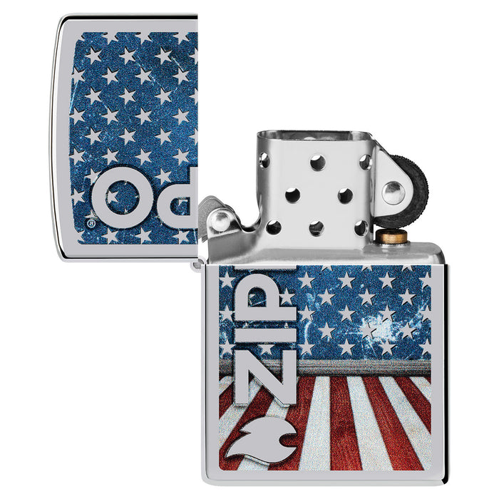 Zippo Lighter: American Flag with Zippo Logo - High Polish Chrome 47012