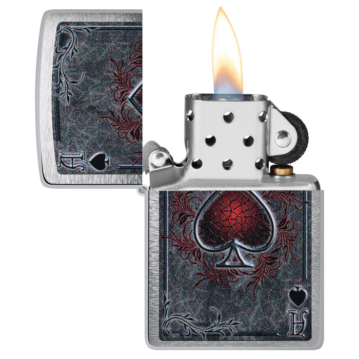 Zippo Lighter: Antiqued Ace Design - Brushed Chrome 47185
