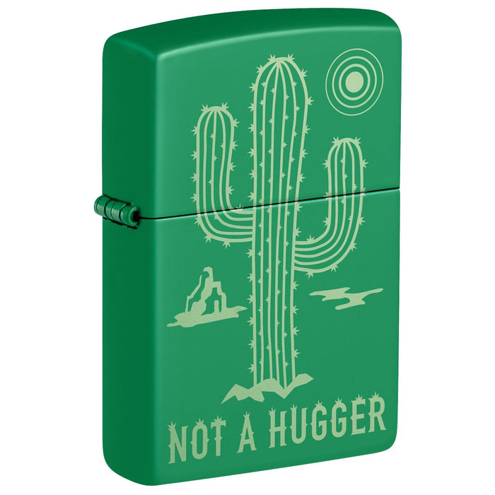 Zippo Lighter: Cactus,Not a Hugger, Engraved - Grass Green Matte 47150