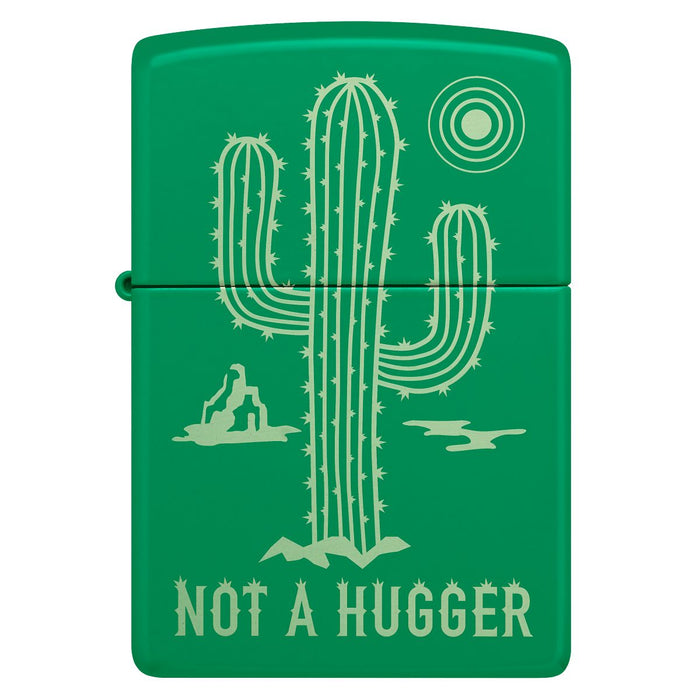 Zippo Lighter: Cactus,Not a Hugger, Engraved - Grass Green Matte 47150