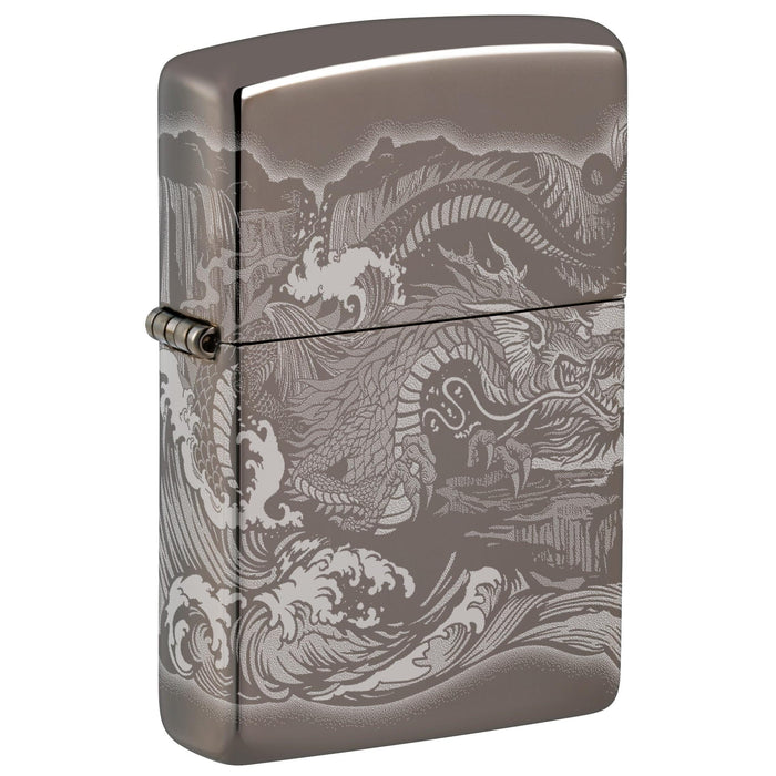 Zippo Lighter: Dragon and Tiger, Engraved 360 - Black Ice 81762