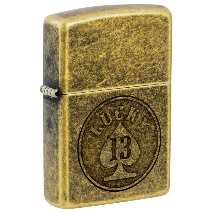 Zippo Lighter: Lucky 13 Design, Engraved - Antique Brass 47148