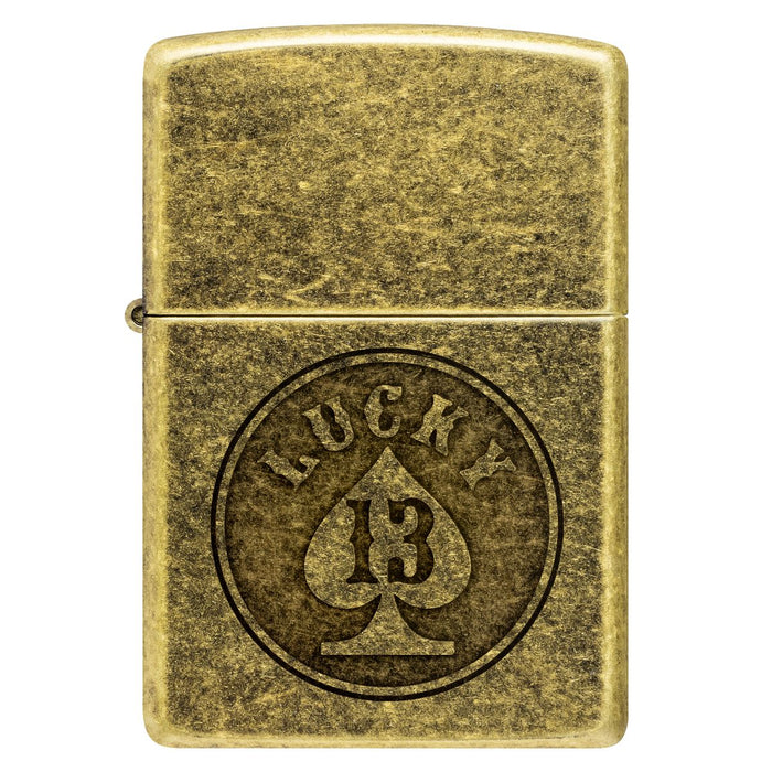 Zippo Lighter: Lucky 13 Design, Engraved - Antique Brass 47148