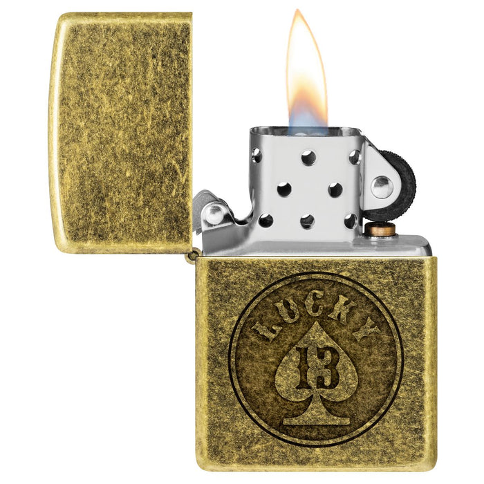 Zippo Lighter: Lucky 13 Design, Engraved - Antique Brass 47148