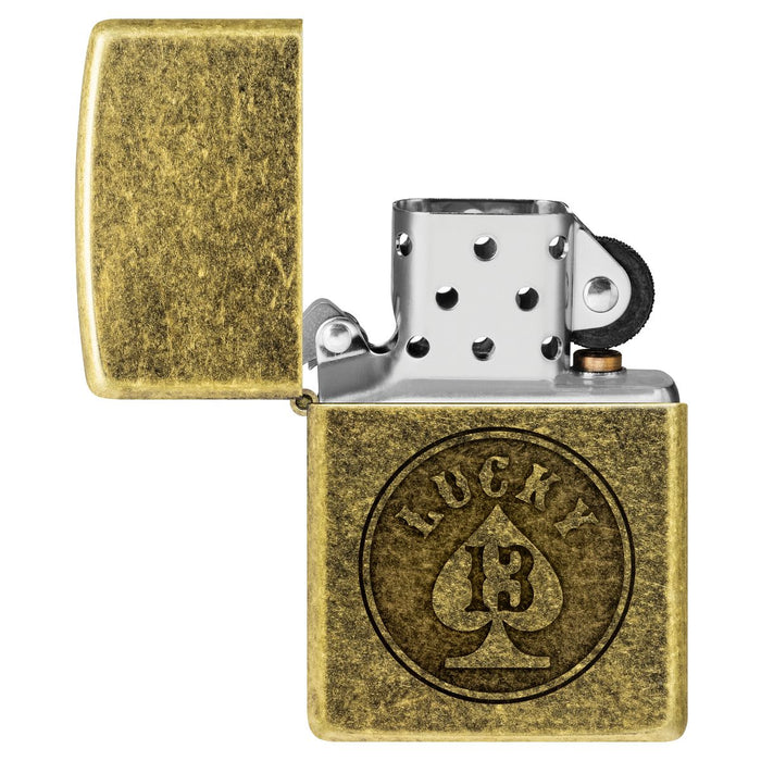Zippo Lighter: Lucky 13 Design, Engraved - Antique Brass 47148