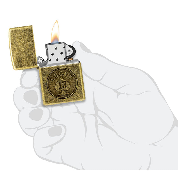Zippo Lighter: Lucky 13 Design, Engraved - Antique Brass 47148