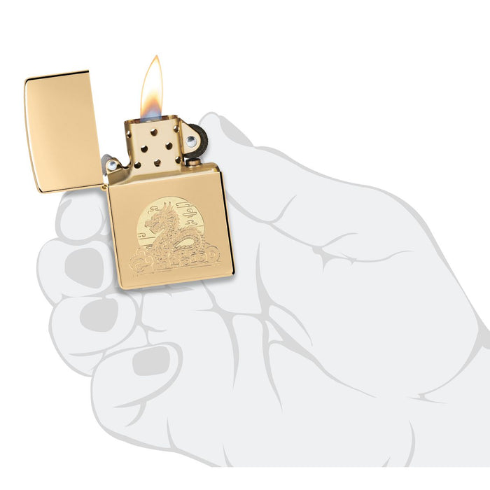 Zippo Lighter: Moon Dragon Design, Engraved - High Polish Brass 47147