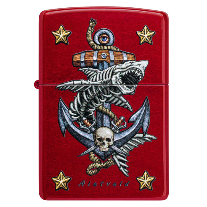 Zippo Lighter: Shark Skeleton and Anchor by Rietveld - Candy Apple Red 47109