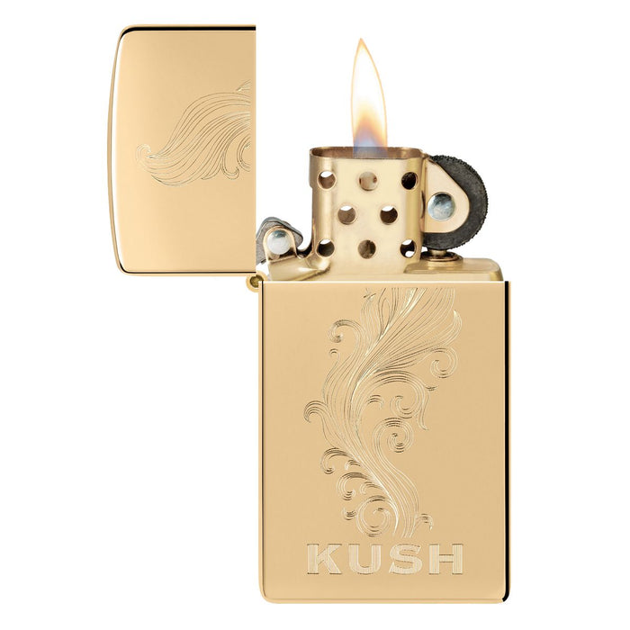 Zippo Lighter: Slim, Kush Design - High Polish Brass 47173