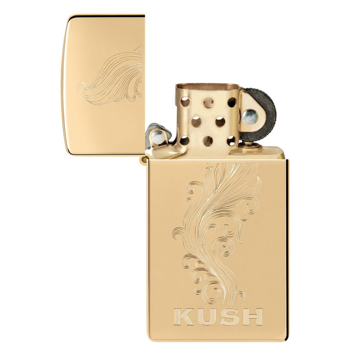Zippo Lighter: Slim, Kush Design - High Polish Brass 47173