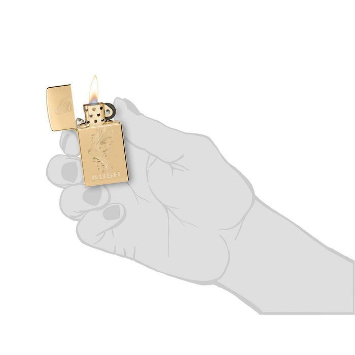 Zippo Lighter: Slim, Kush Design - High Polish Brass 47173