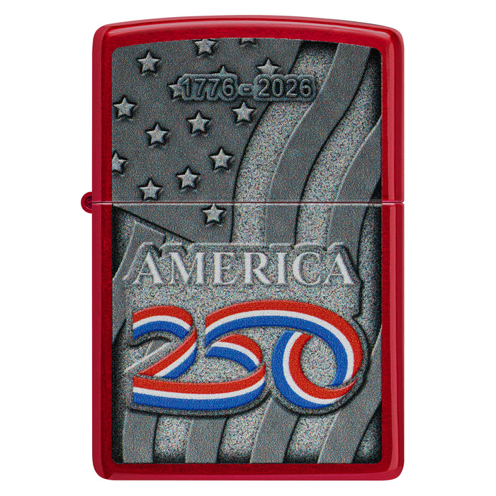 Zippo Lighter: USA 250th, Stars and Stripes Design - Candy Apple Red 47290