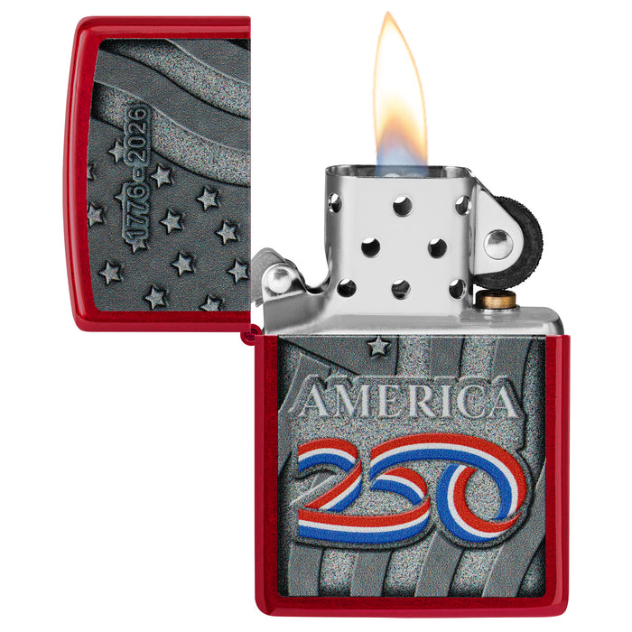 Zippo Lighter: USA 250th, Stars and Stripes Design - Candy Apple Red 47290