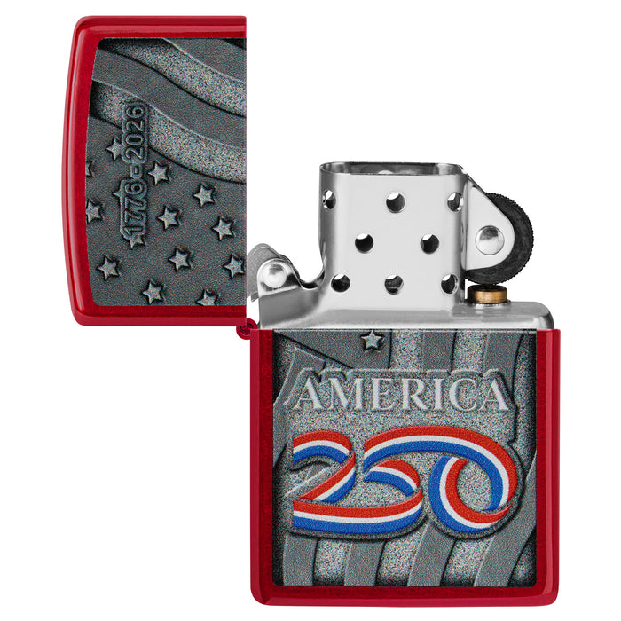 Zippo Lighter: USA 250th, Stars and Stripes Design - Candy Apple Red 47290