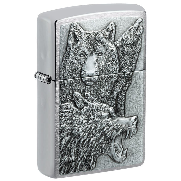 Zippo Lighter: Wolf Pack Emblem - Brushed Chrome 46960
